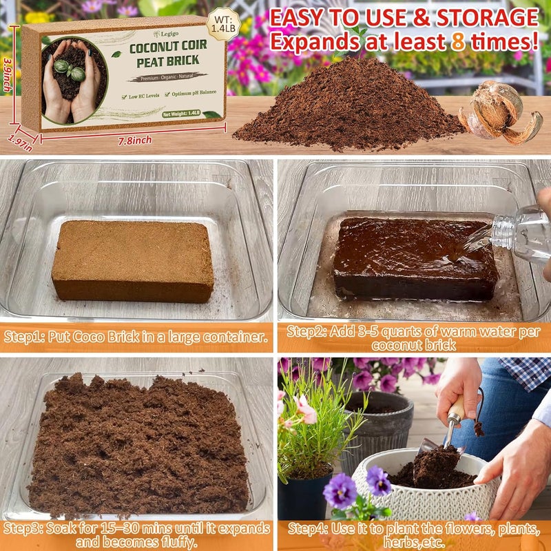 Legigo 8 Pack Coco Coir Bricks (11.2lb), 100% Organic Coconut Coir Fiber Potting Soil for Plants, Compressed Coco Peat Seed Starter, Coconut Husk Potting Mix for Indoor & Outdoor Plants, Gardening - Image 4